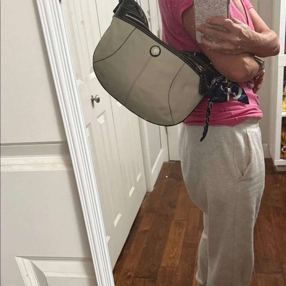 Coach Beige and Patent Dark Navy Shoulder Bag